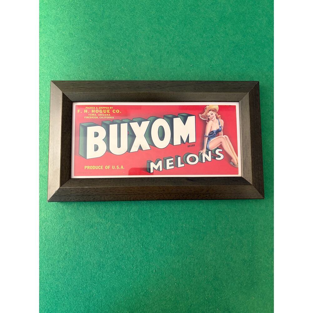 Framed vintage Buxom Melons ad for F.H. Hogue Co, green wood frame